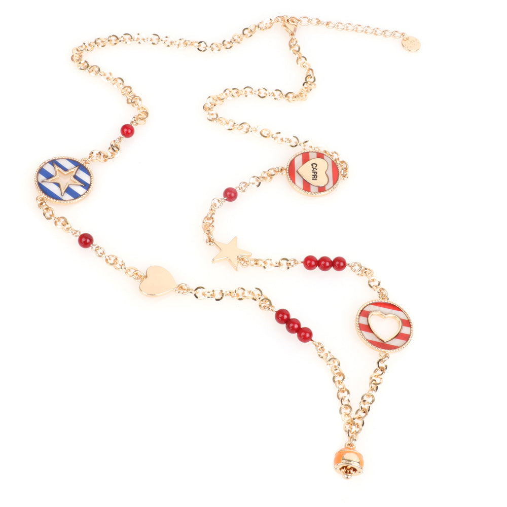 Metal necklace with orange bell, marine -style medallions, and corallini