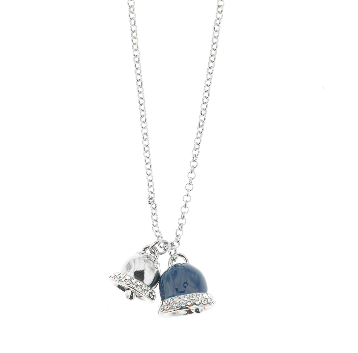 Metal necklace with blue enamel billes and embellished with white crystals