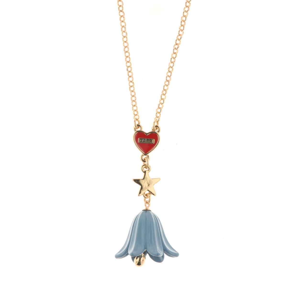 Metal necklace with heart with Capri writing, star and bell -shaped bell -shaped bell