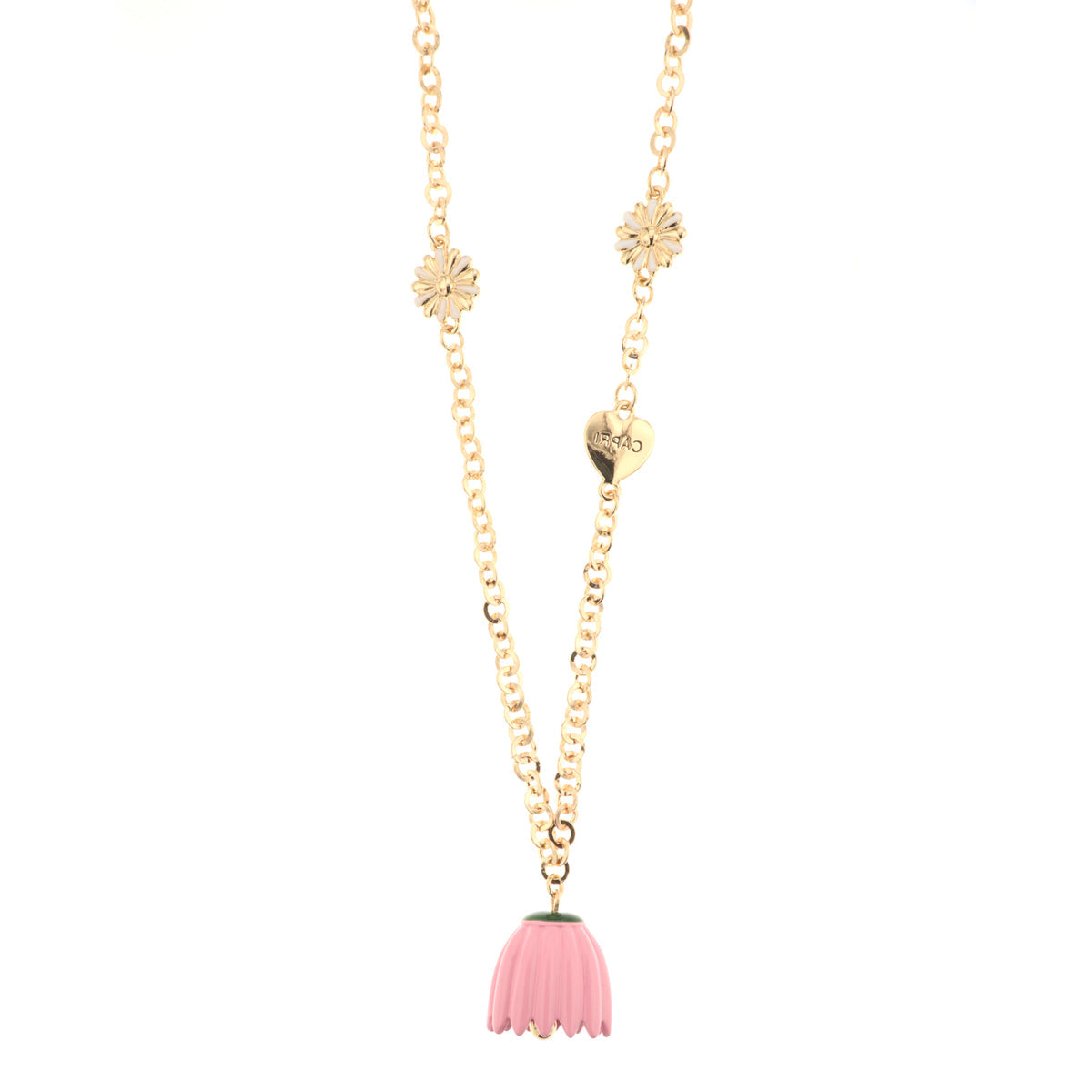 Metal necklace with flower -shaped details, heart and bell pendant in the shape of a pink bell -shaped flower