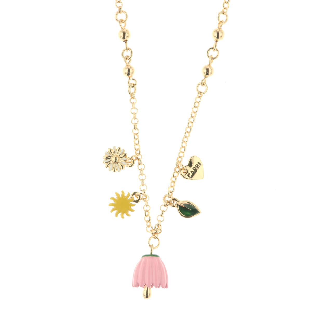 Metal necklace with bell in the shape of a pink flower, sun and heart with Capri