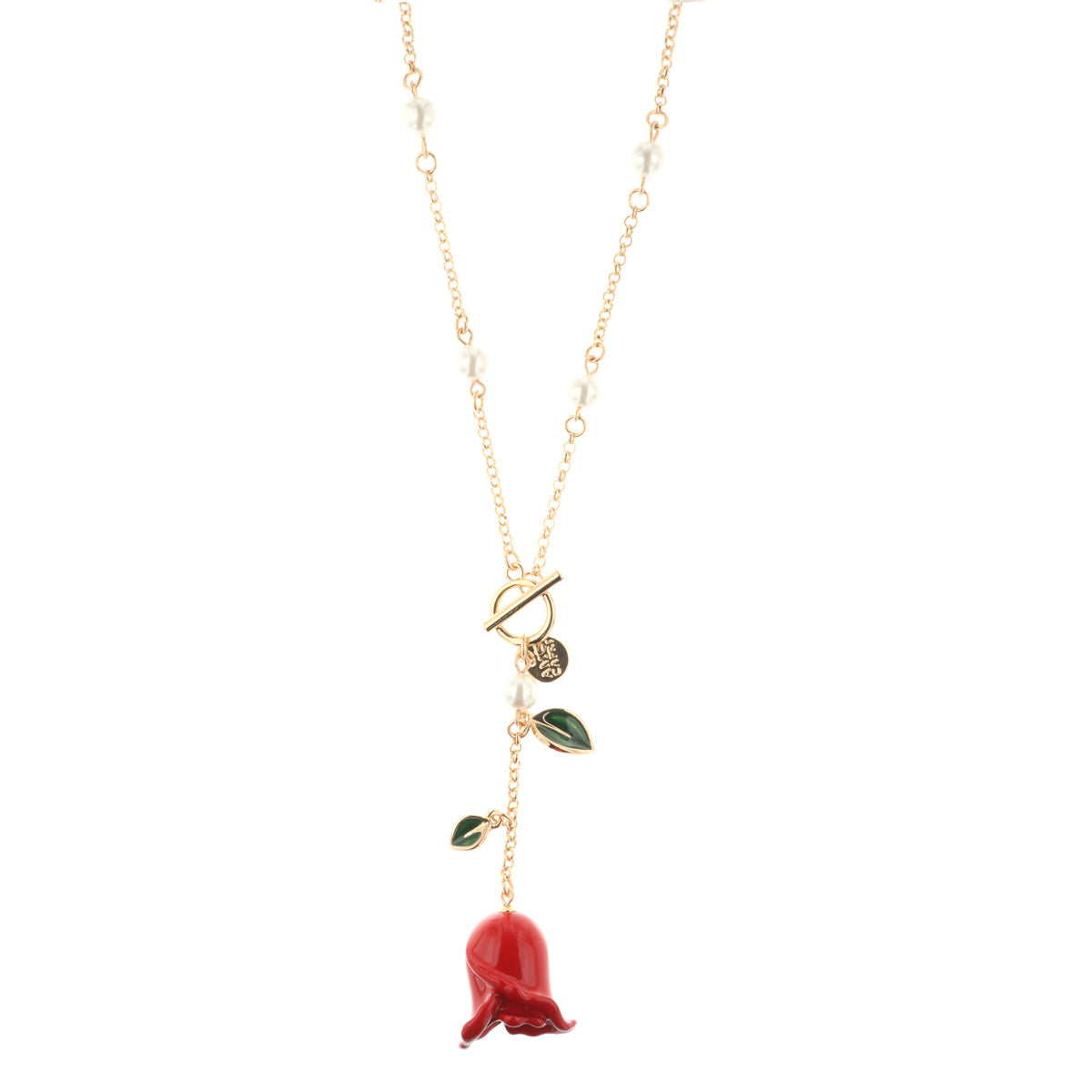 Metal necklace with t -closure and bell pendant in the shape of red rose and leaves