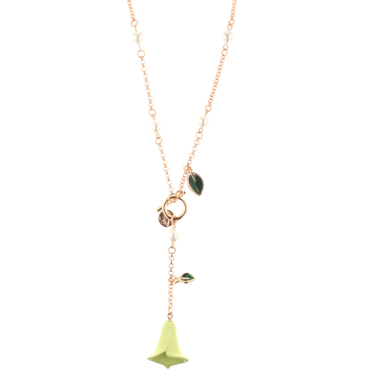 Metal necklace with t -closure and calla -shaped bell and leaves embellished with colored glazes