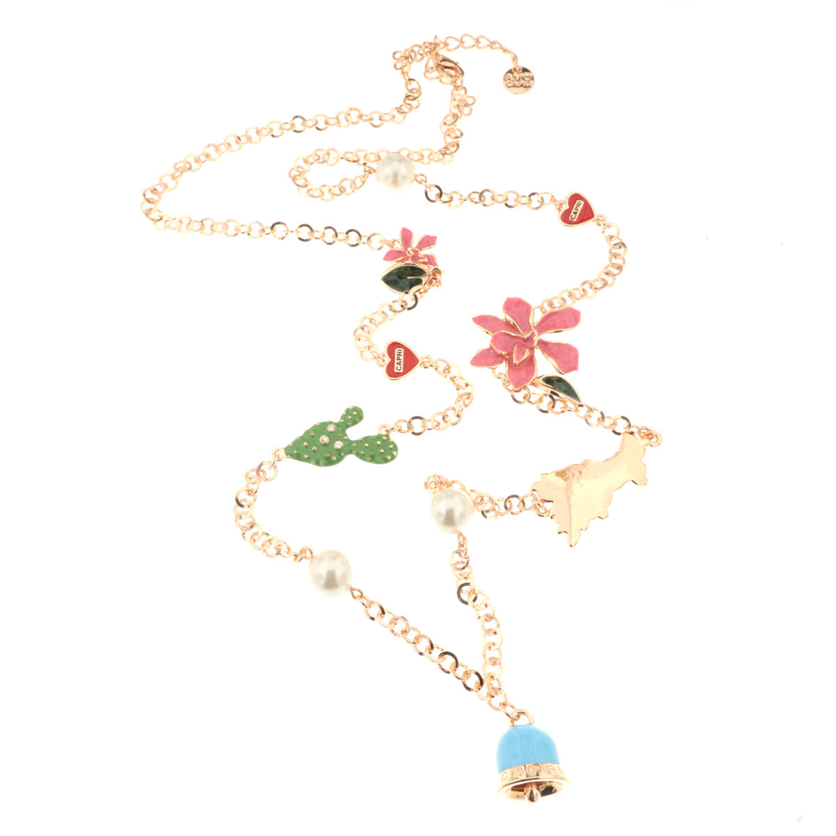Metal necklace with flowers, heart with capri writing, cactus, campania and pendant bell
