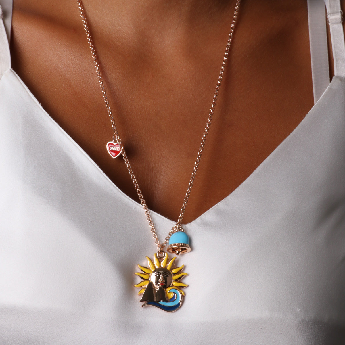 Sunny metal necklace with Faraglioni and Sea and Campanella Capri