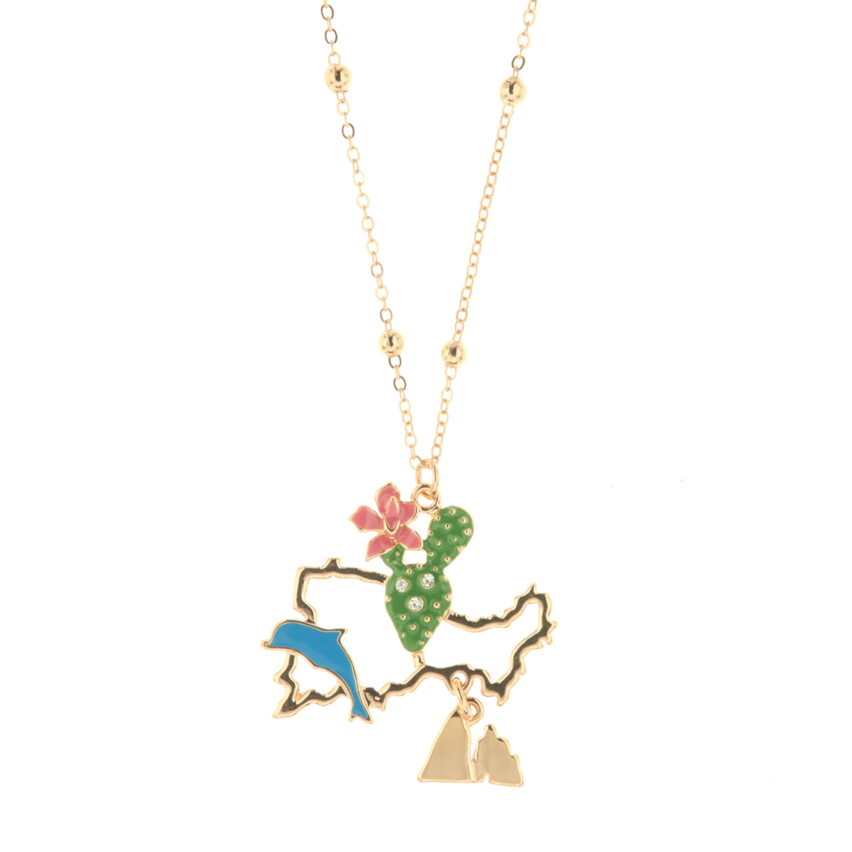 Metal necklace with Campania -shaped pendant with cactus, dolphin and Faraglioni