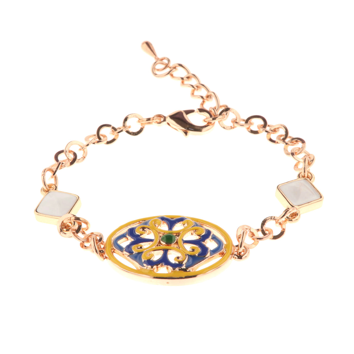 Metal bracelet white crystals with central detail in ever -glazed blue and yellow flower