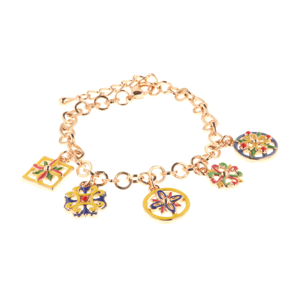 Metal bracelet with colored majolica -shaped pendants