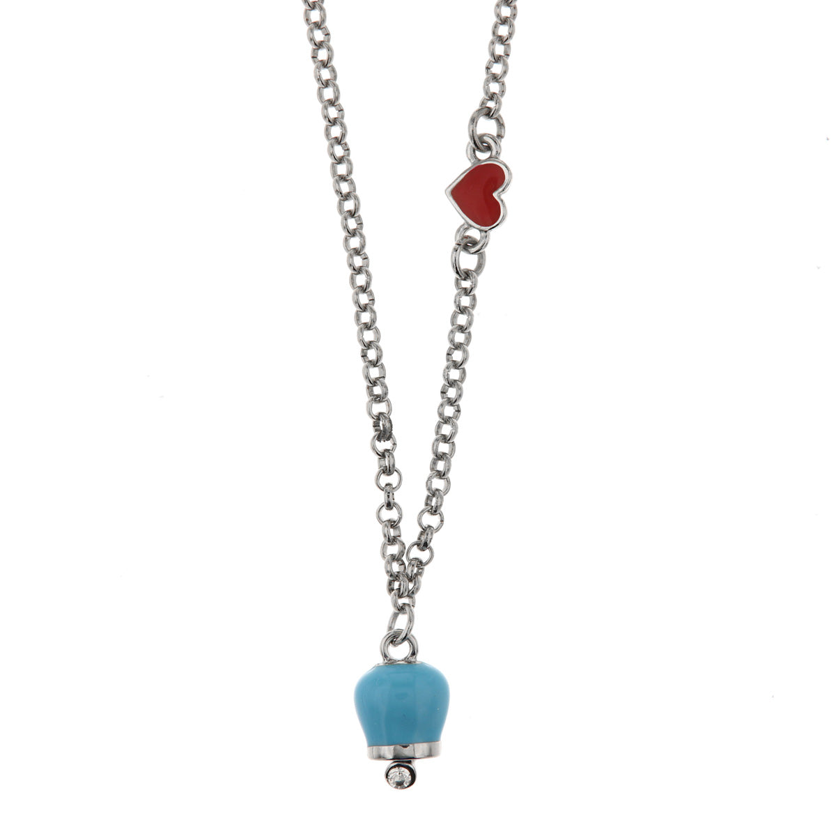 Metal necklace with red heart and bouncing bille pendant with blue enamel, embellished with light point