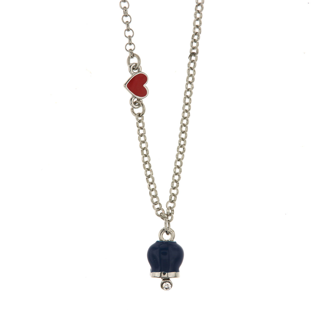 Metal necklace with red heart and blue pendant charming bell, embellished with light point