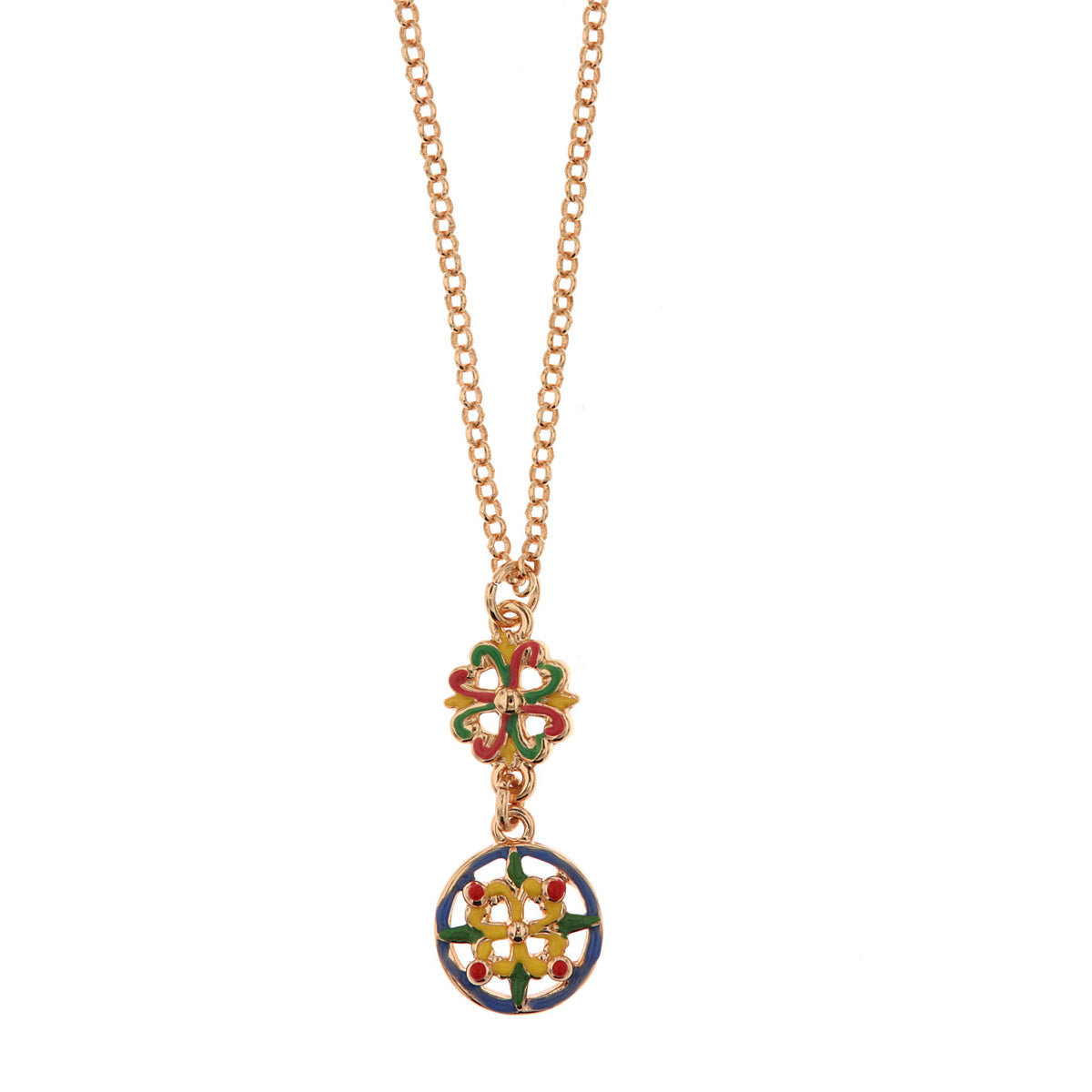 Metal necklace with maiolics from Caltagirone embellished with colored glazes