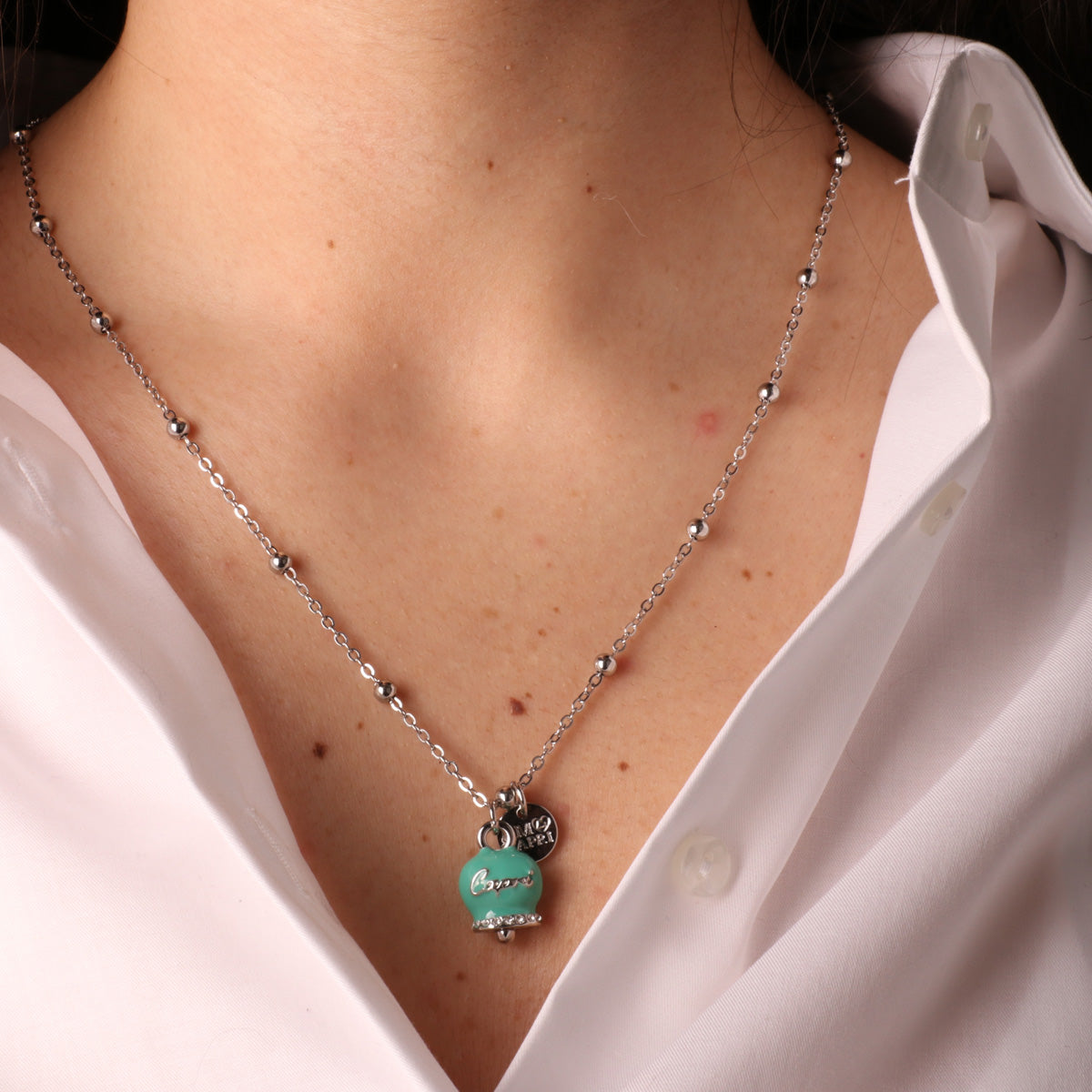 Metal necklace with bell of the watercontic green water, with Capri writing