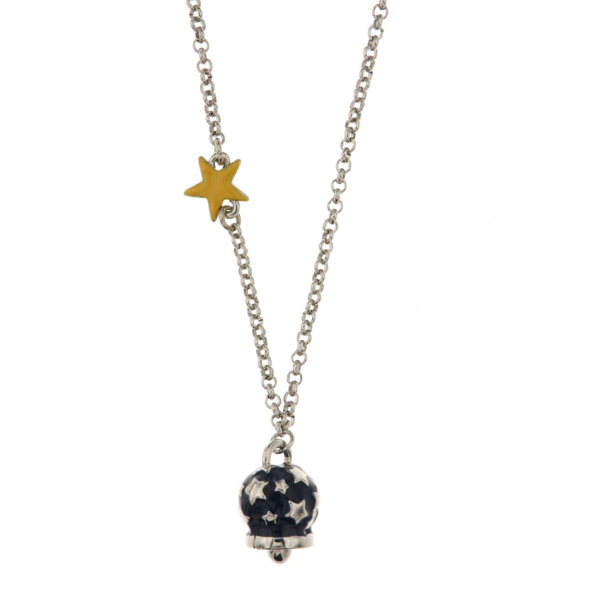 Metal necklace with star detail and bell sinkhole starring sky, with blue enamel