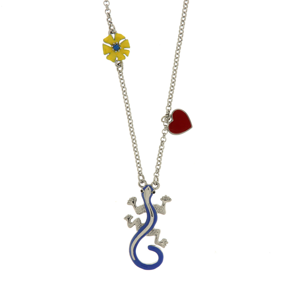 Metal necklace with central geco, yellow flower and red heart