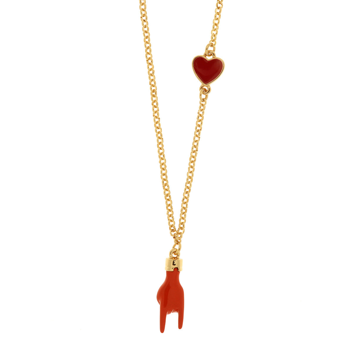 Metal necklace with horns in the shape of a horns brings luck and red heart