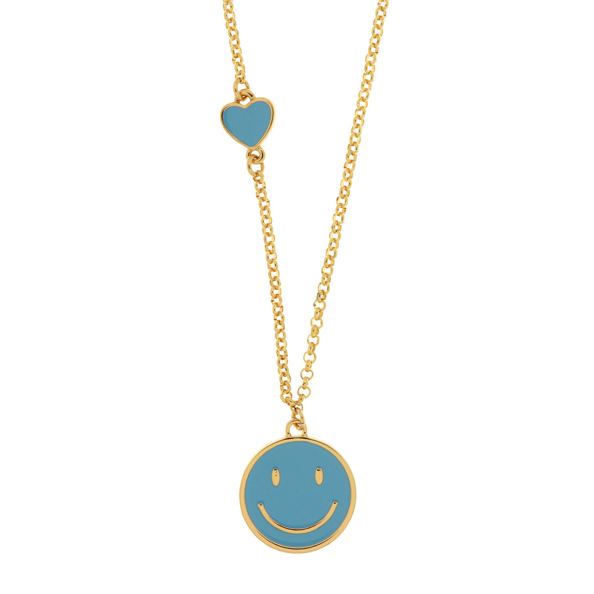 Metal necklace with smile -shaped pendant and blue heart