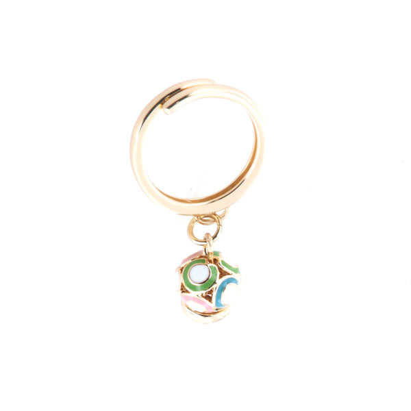 Metal ring with borgone charming bell embellished with colored glazes