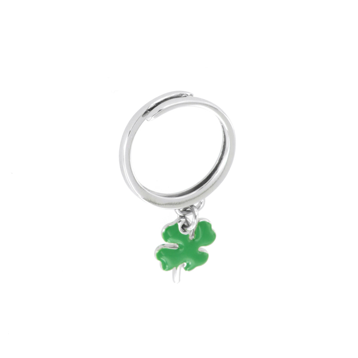 Metal ring with four -leaf clover in green enamel