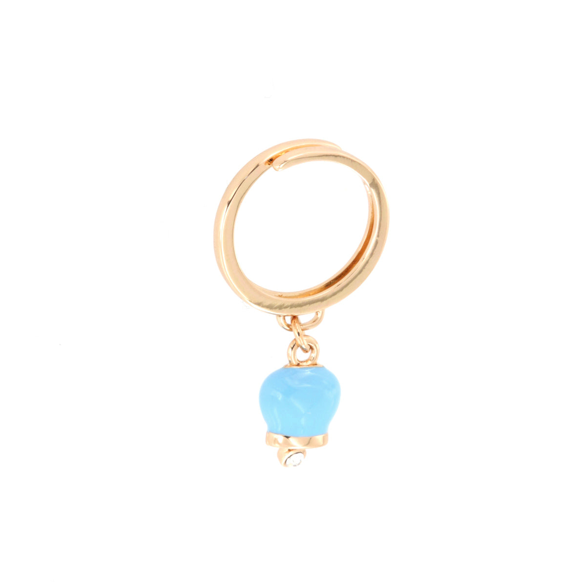 Metal ring with pendant lucky charm, embellished with turquoise enamel and light point