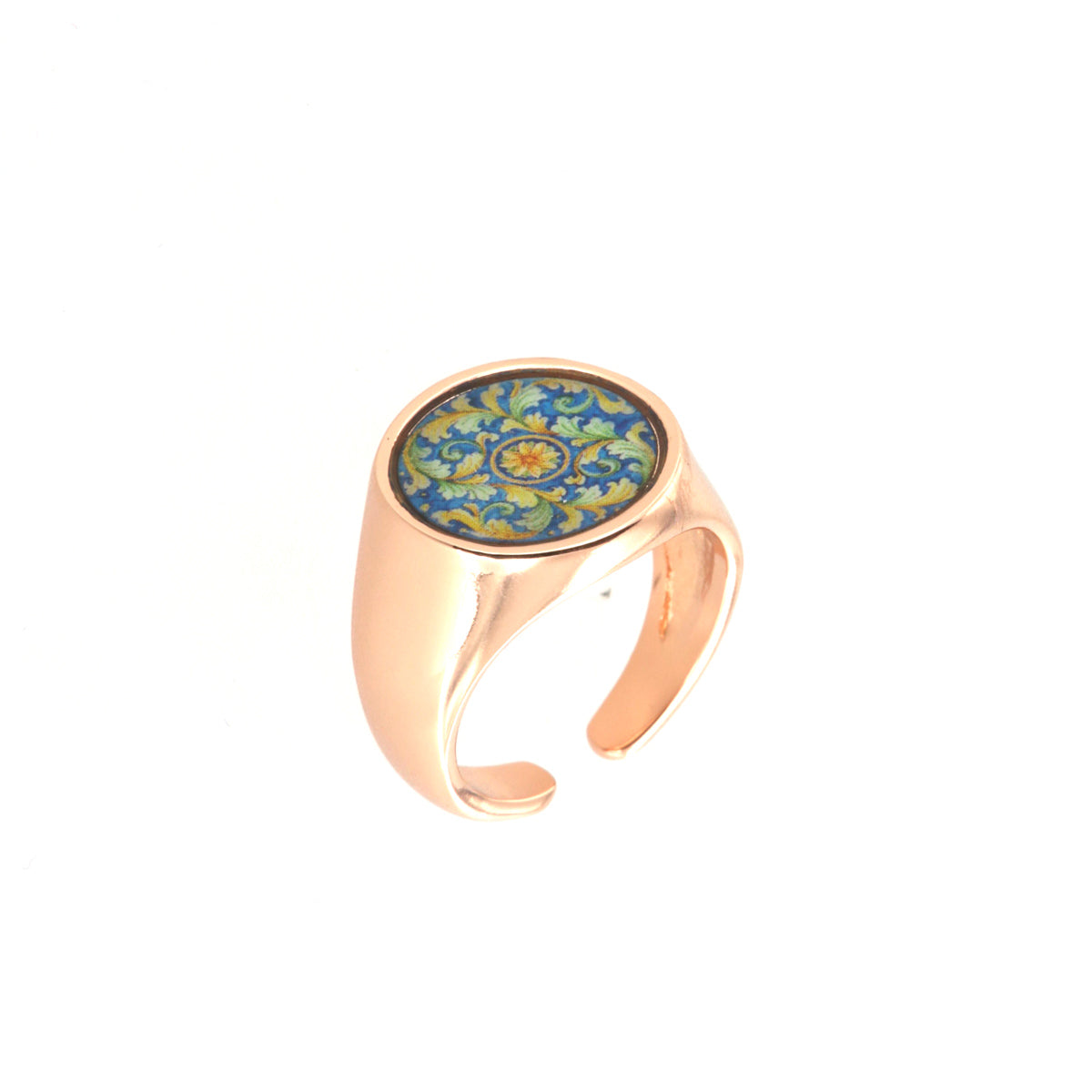 Sigillo metal ring, with colored majolica design inspired by the island of Sicily