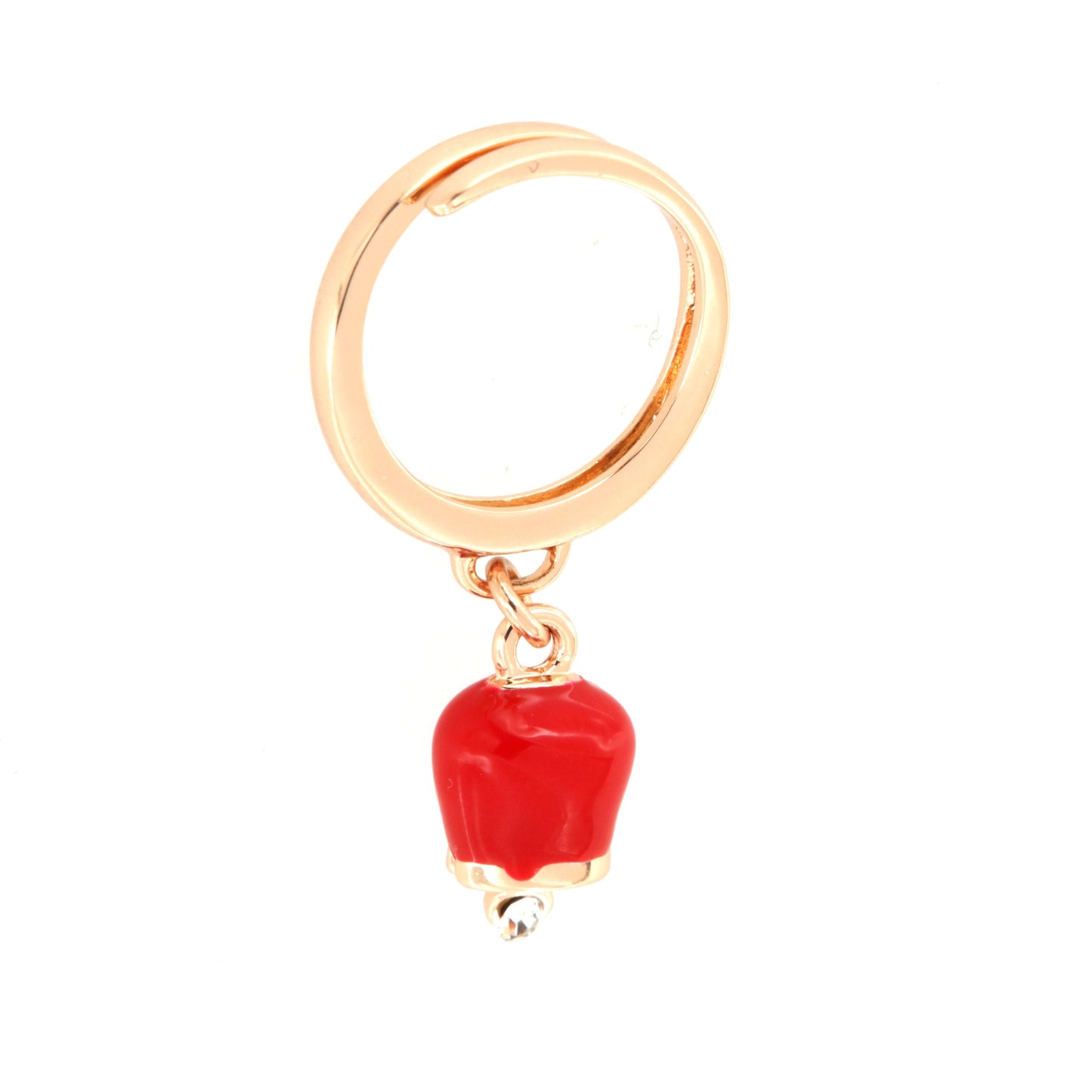 Metal ring with pendant lucky charm, embellished with red enamel and light point
