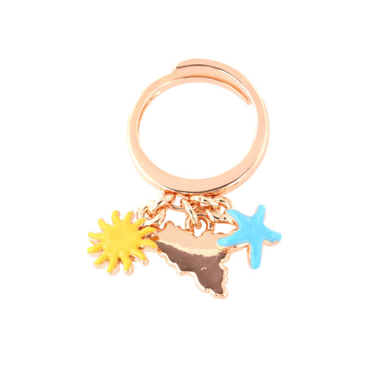 Metal ring with Charms, Sicily, Sole and Stella Marina, embellished with colored glazes