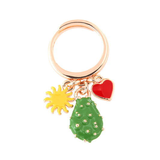 Metal ring with charms, prickly pear, sun and heart, embellished with colored glazes
