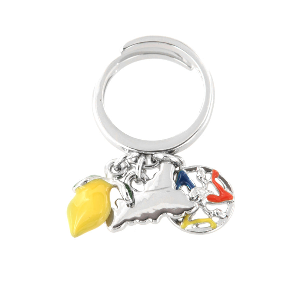 Metal ring with Charms, Sicily, Limone and Trinacria, embellished with colored glazes