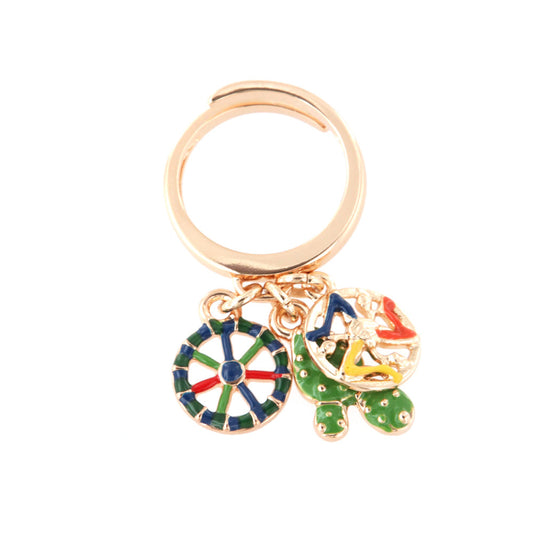 Metal ring with Charms, Fico d'India, Trinacria and Carletto wheel, embellished with colored glazes