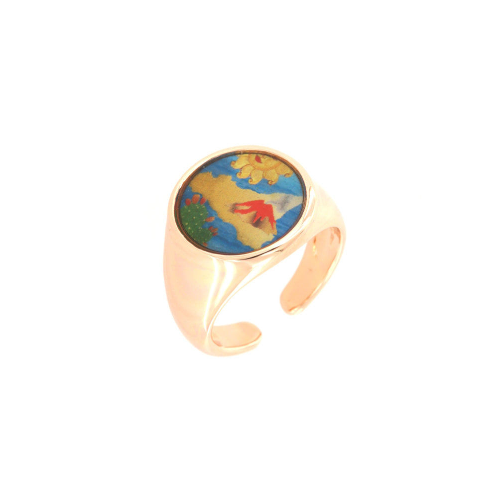 Sigillo metal ring, two -tone, with Etna in relief