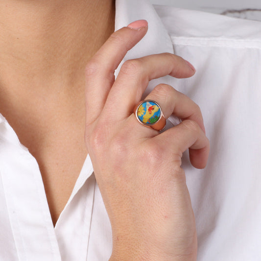 Sigillo metal ring, two -tone, with Etna in relief