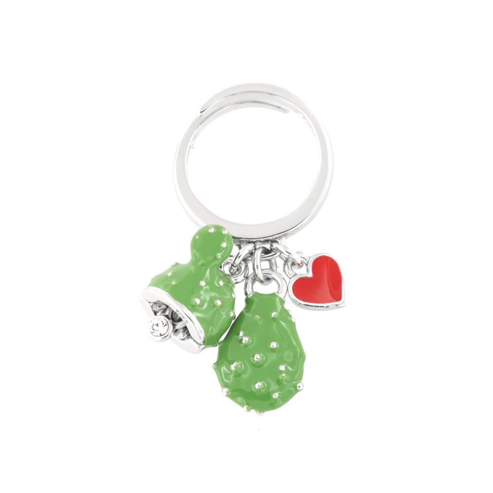 Metal ring with heart charms, prickly pear and bell, embellished with colored glazes
