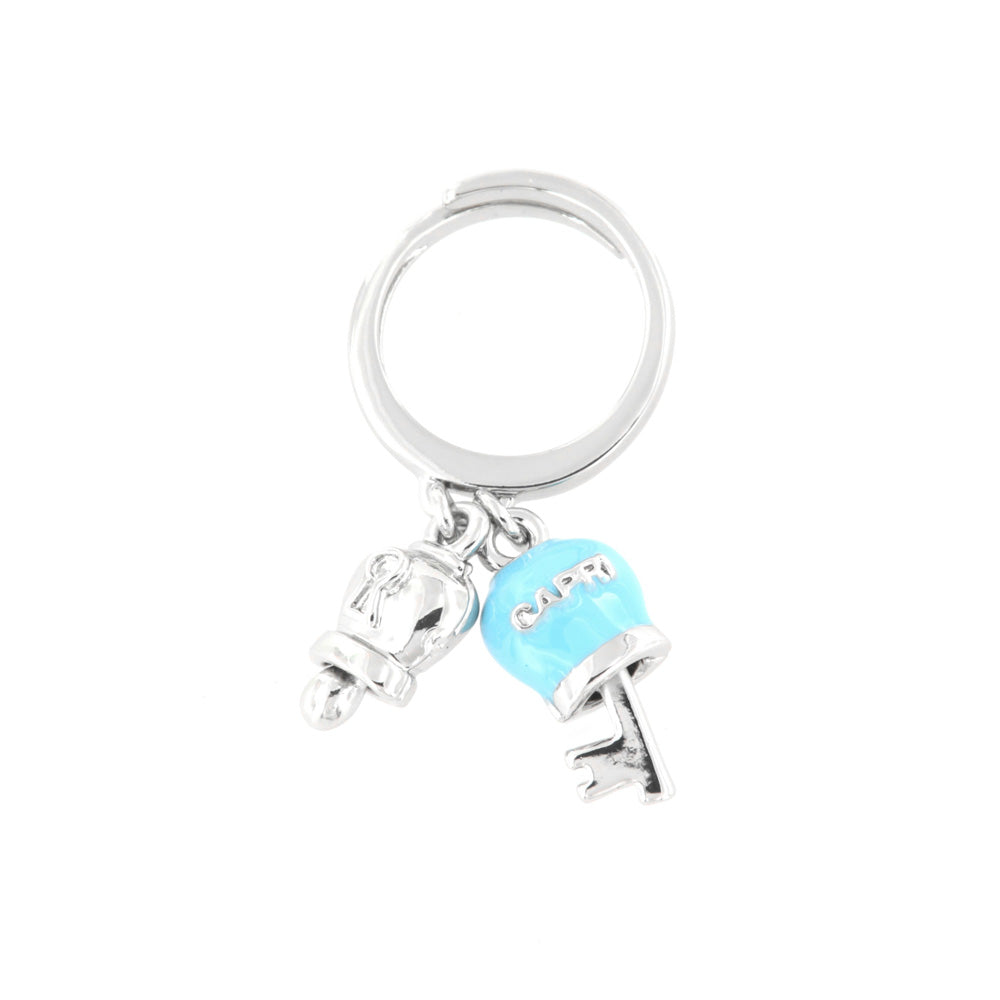 Metal ring with bell padlock and turquoise enamel key
