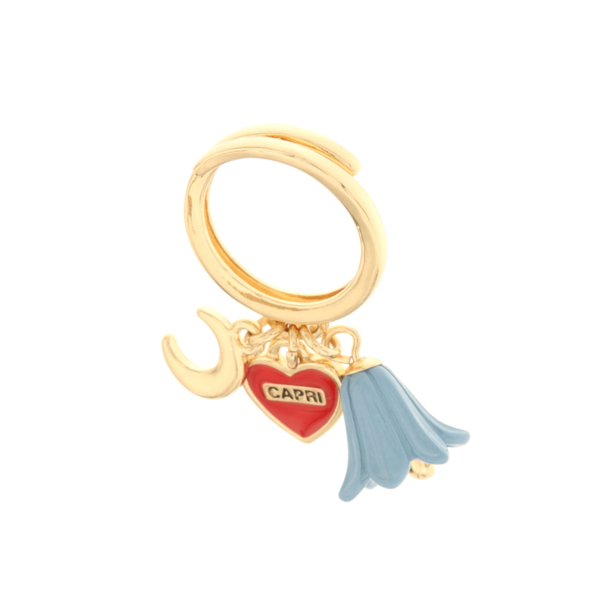 Metal ring with Luna pendants, heart with goats and bell -shaped bell