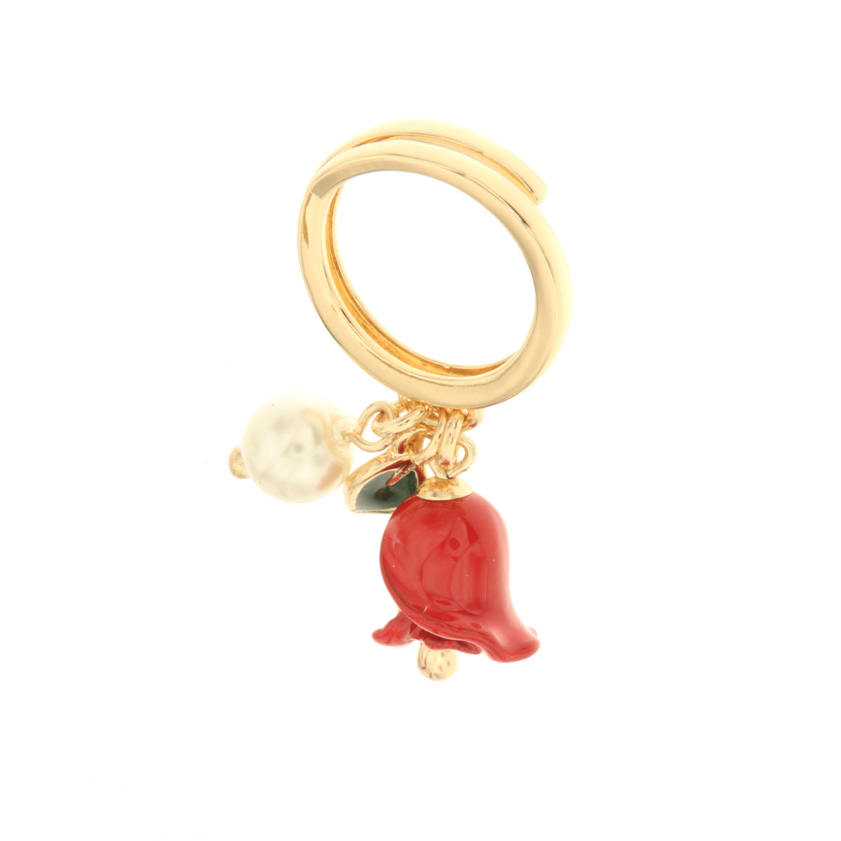 Metal ring with pearl and rose -shaped bell embellished with colored glazes