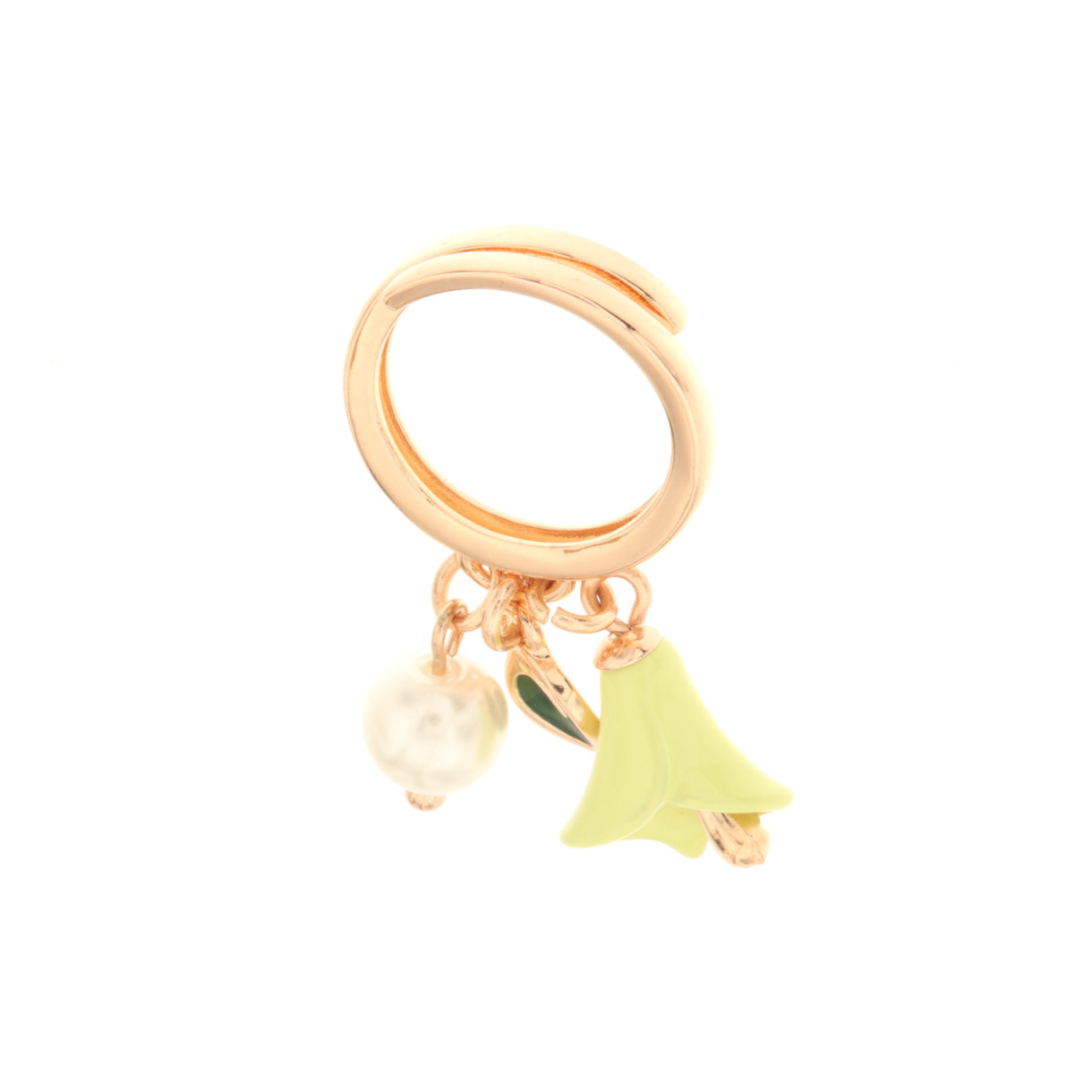 Metal ring with pearl and calla -shaped bell embellished with colored glazes