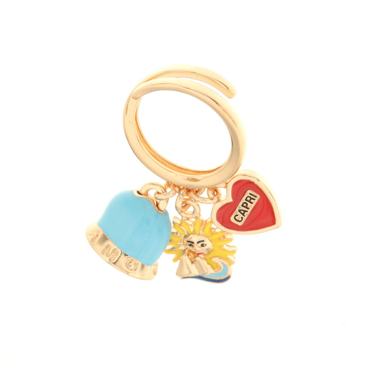Metal ring with charming bell, sun, pharaglioni and heart with Capri