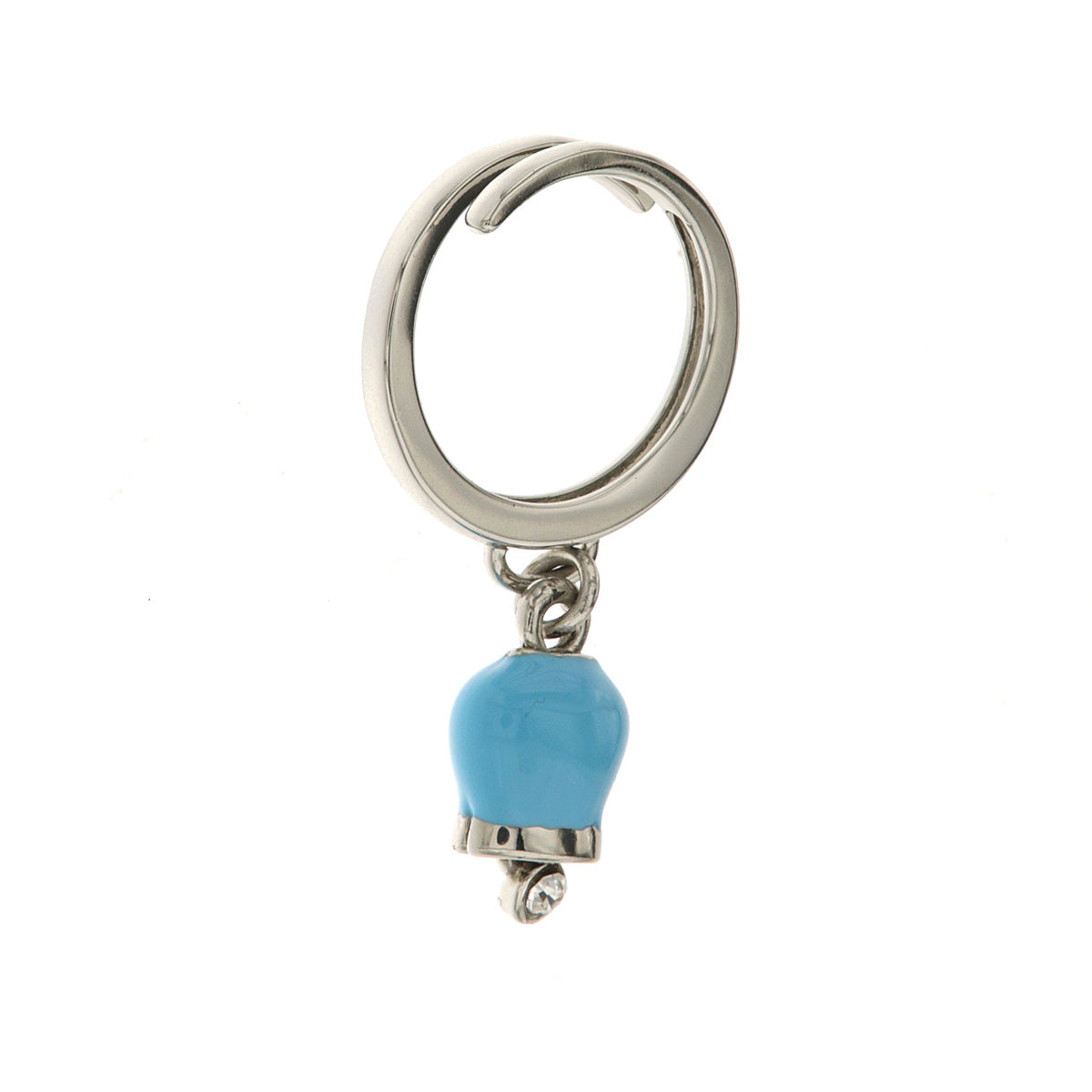 Metal ring with bell of blue pendant charm, embellished with light point