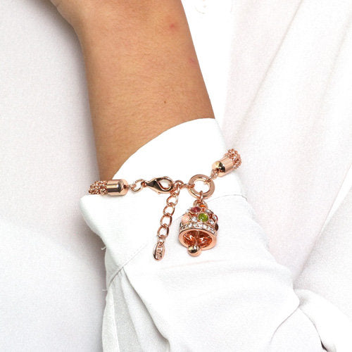 Multifile chain metal bracelet, with pendant bell embellished with multicolored crystals and white light points