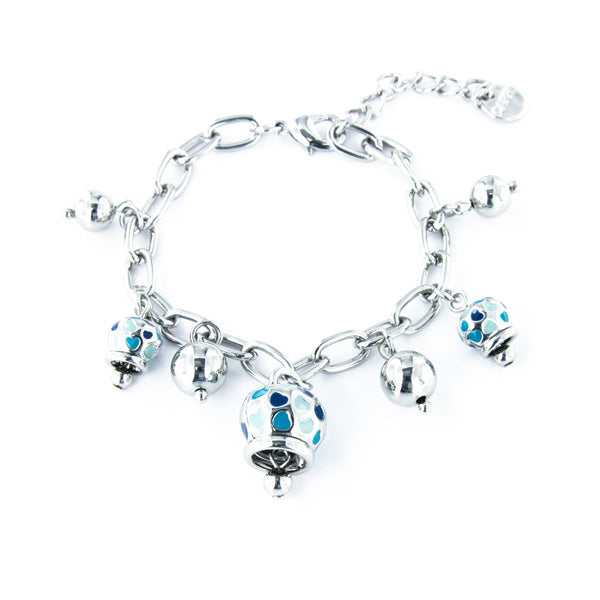 Metal bracelet with bells pendant in plot hearts embellished with enamels in the shade of the blue