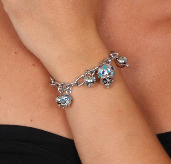 Metal bracelet with bells pendant in plot hearts embellished with enamels in the shade of the blue