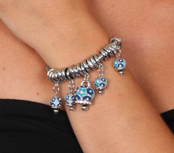 Mollicondoli metal bracelet pending with blue bells and light crystals