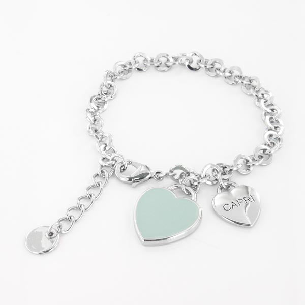 Metal bracelet with heart pendant in green enamel