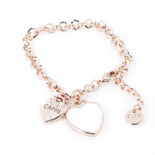 Metal bracelet with pendant heart, embellished with white enamel