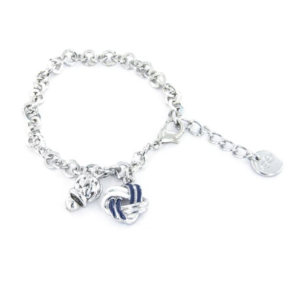 Rolò shirt metal bracelet, with a knot embellished with two -tone enamel and a pendant charm bell