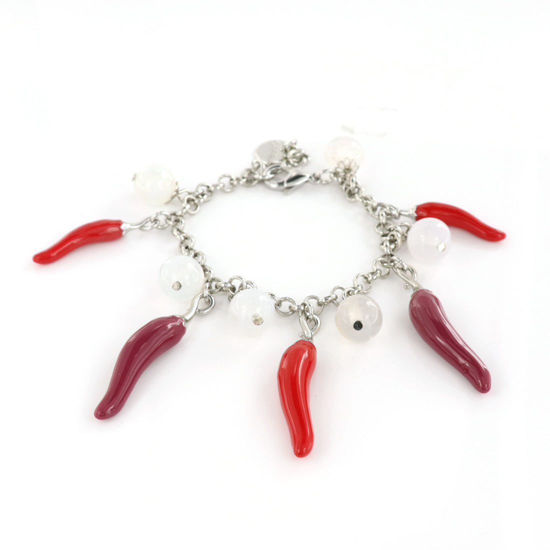 Metal bracelet with pendant luck charm cornies, embellished with colored glazes