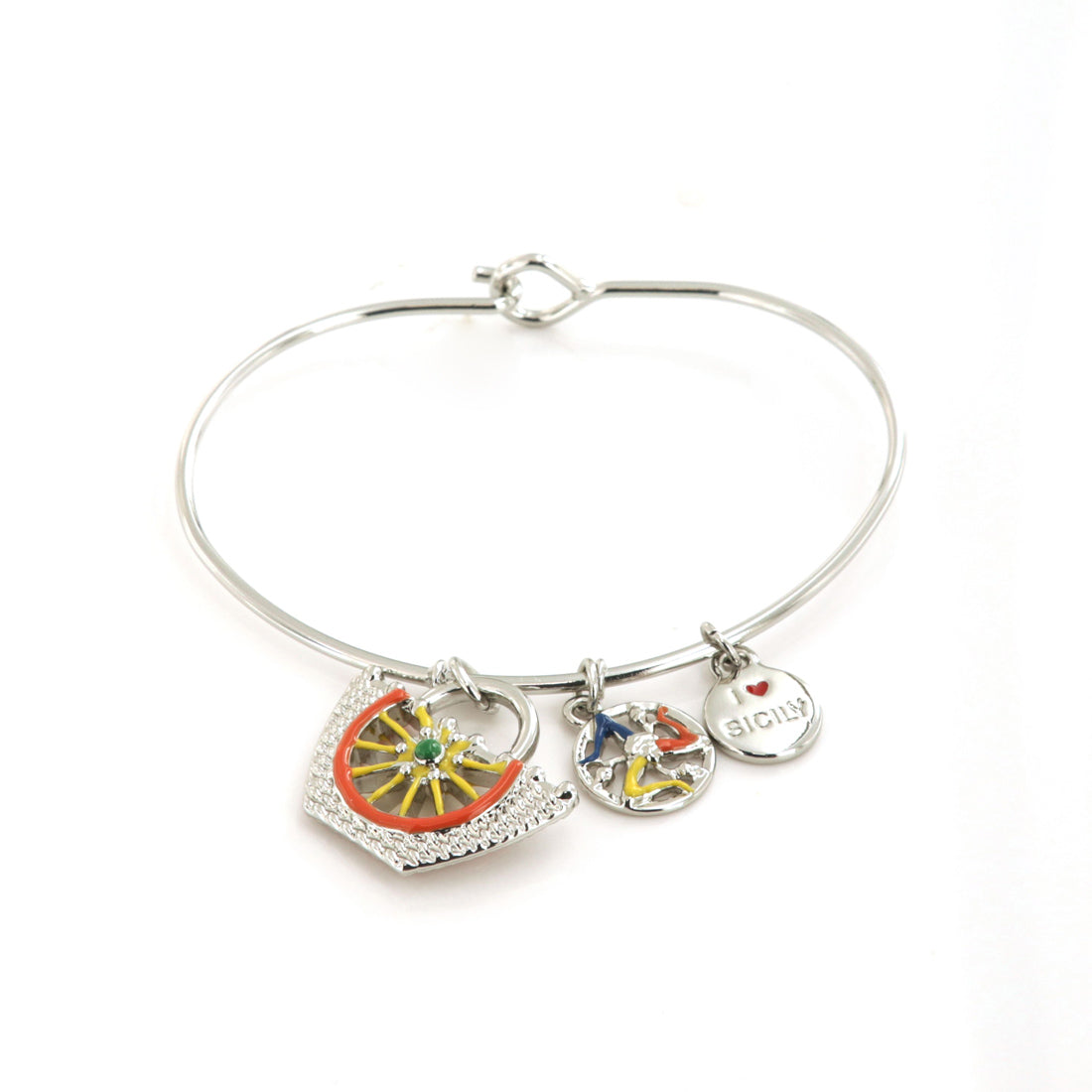 Rigid metal bracelet, with Sicilian coffa embellished with a cart wheel carletto in colored glazes