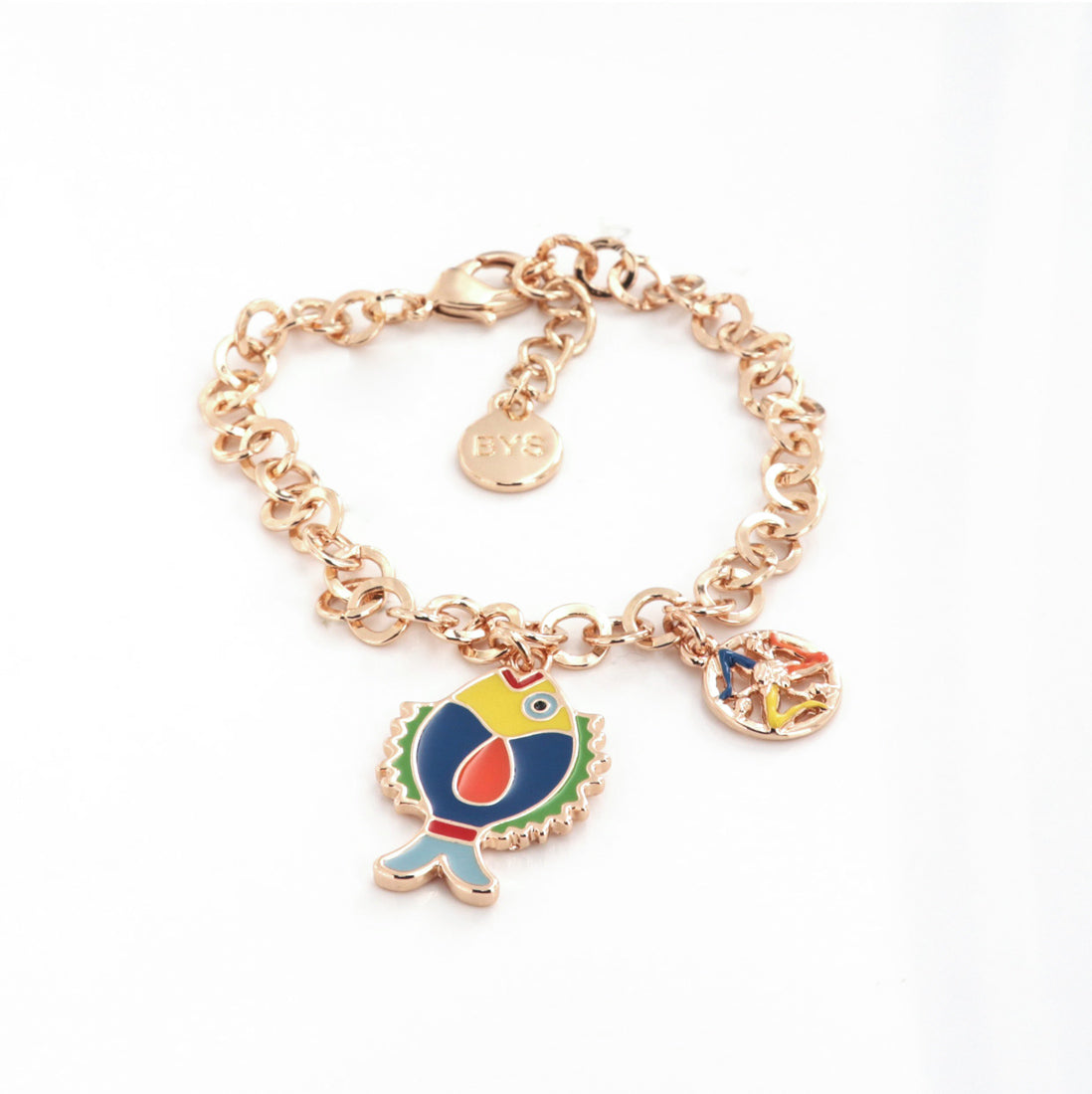 Rolò shirt metal bracelet, with pendant fish embellished with colored glazes