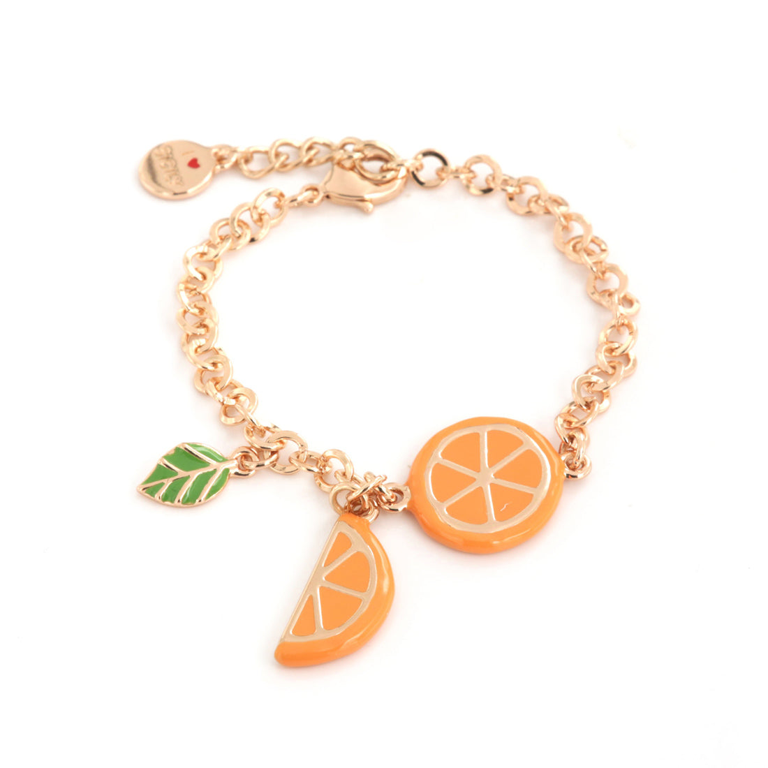 Rolò shirt metal bracelet, with Sicily Arange charms pending embellished with colored glazes