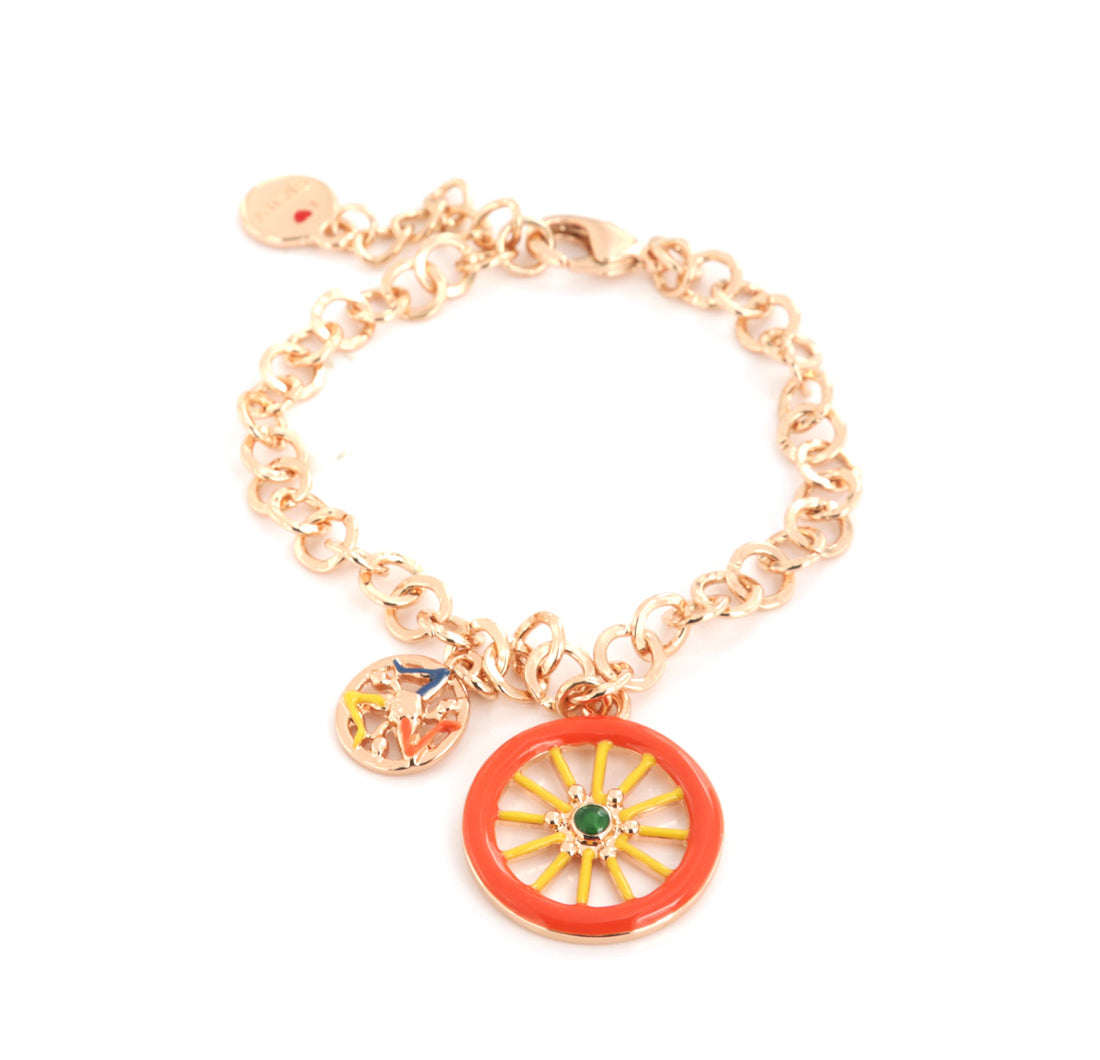 Rolò shirt metal bracelet, with a Sicilian cart wheel pending embellished with colored glazes